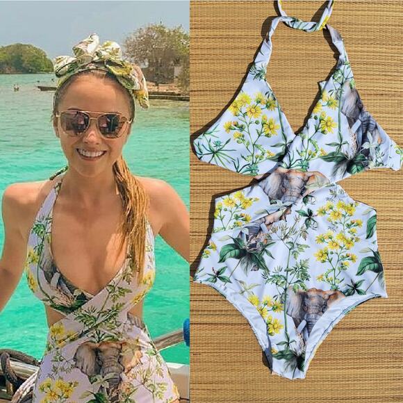 3LL By Daniella Batlle The Crossed One-Piece Swimsuit Floral Elephant L/10 - Picture 1 of 10